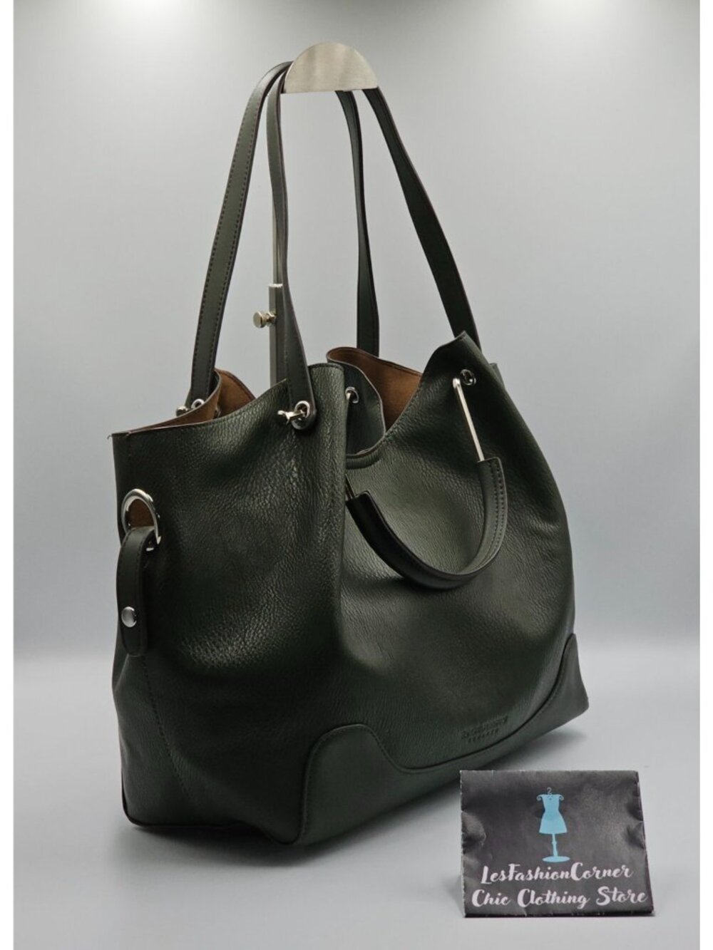NWOT Sondra Roberts Women's Dark Green Pebbled Faux Leather Tote Bag Size L 2631 - Picture 3 of 11